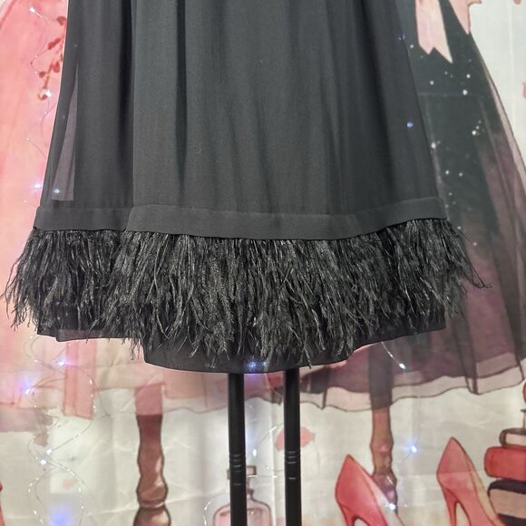 Trina Turk Black 100% Silk Ostrich Feather Trim Dress 8 - Picture 3 of 11
